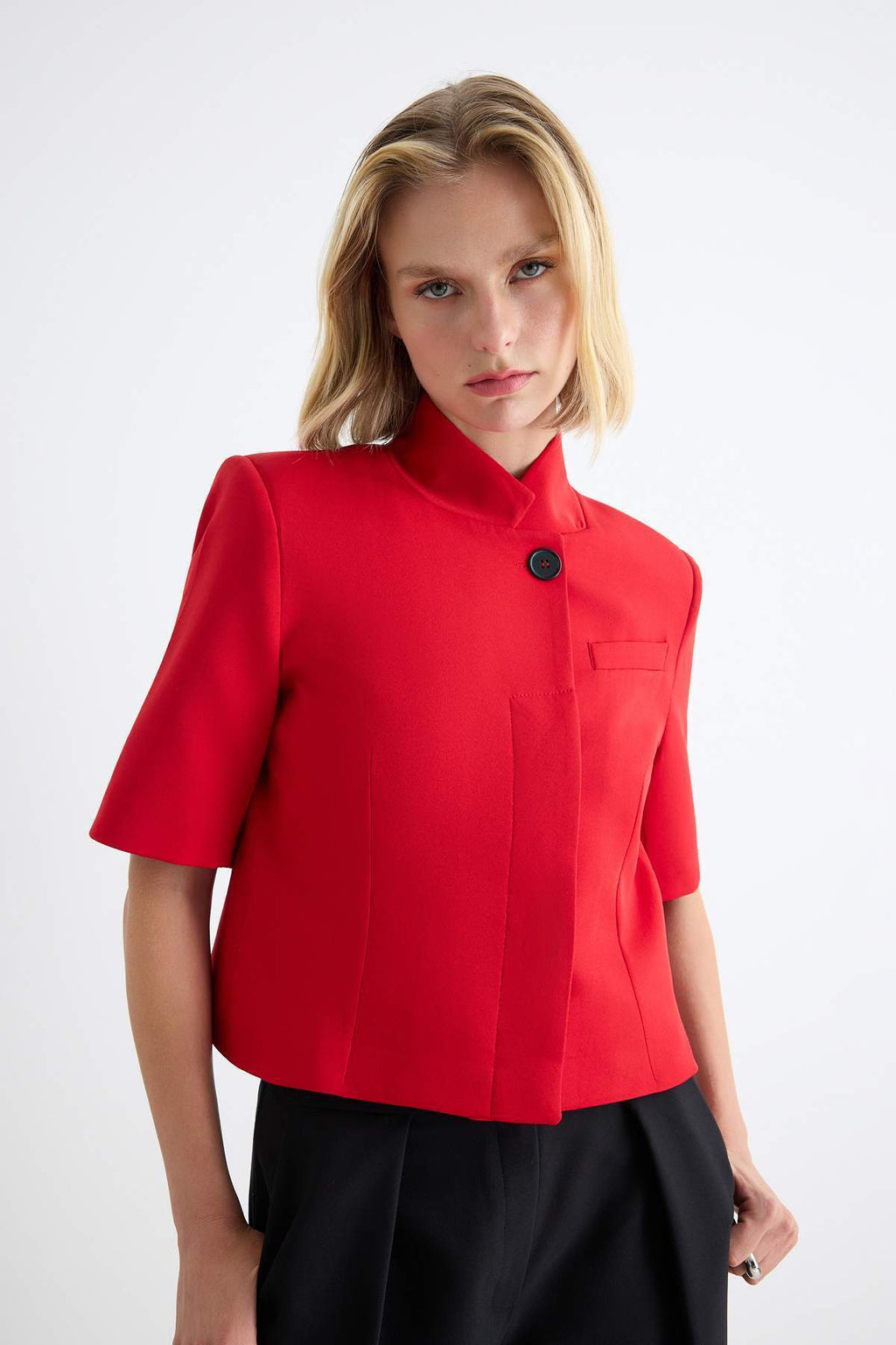 High Neck Short Sleeve Fitted Blazer Jacket