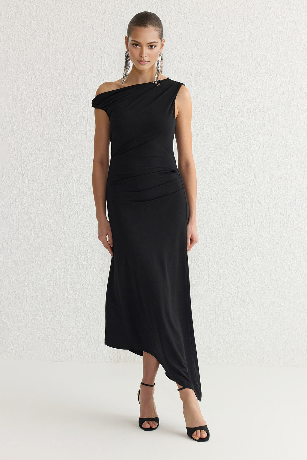 Asymmetric Neck Knit Maxi Evening Dress