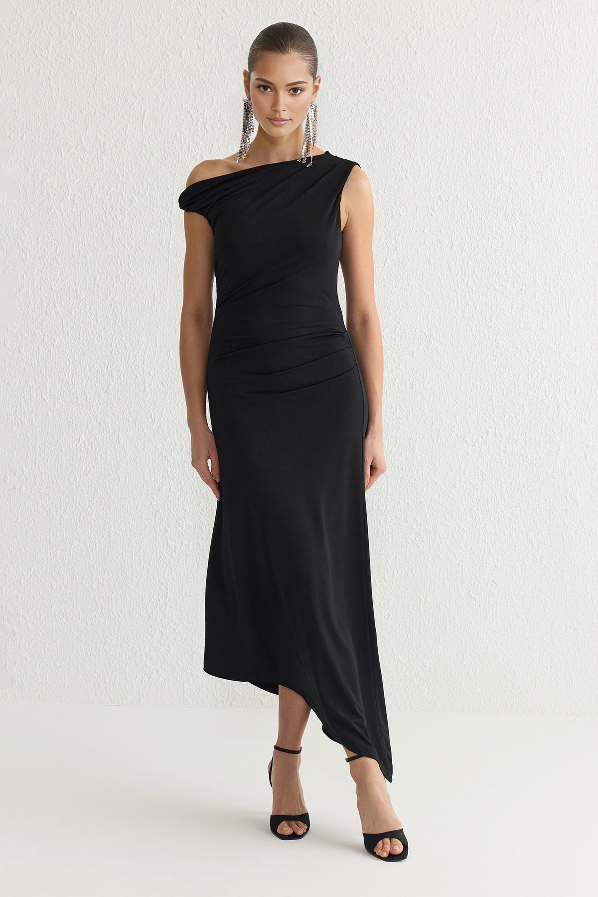 Asymmetric Neck Knit Maxi Evening Dress