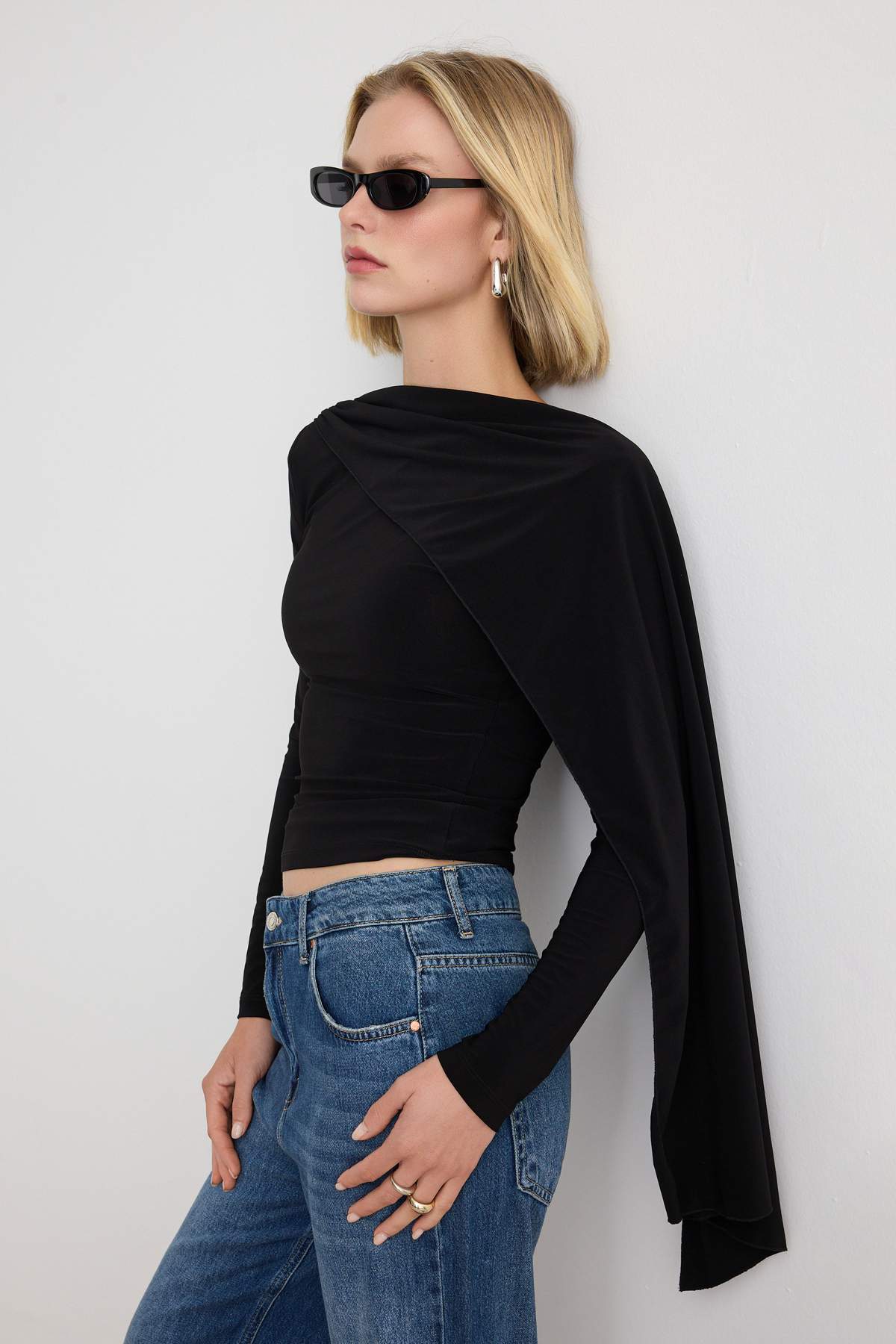 Fitted Boat Neck Cape Detail Long Sleeve Blouse