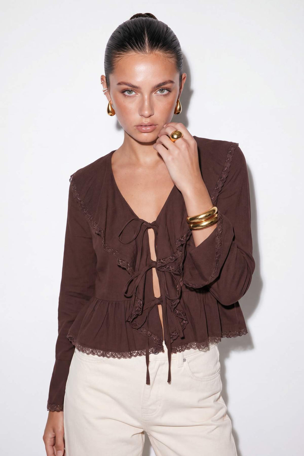 V Neck Long Sleeve Tie Front Lace Detail Blouse