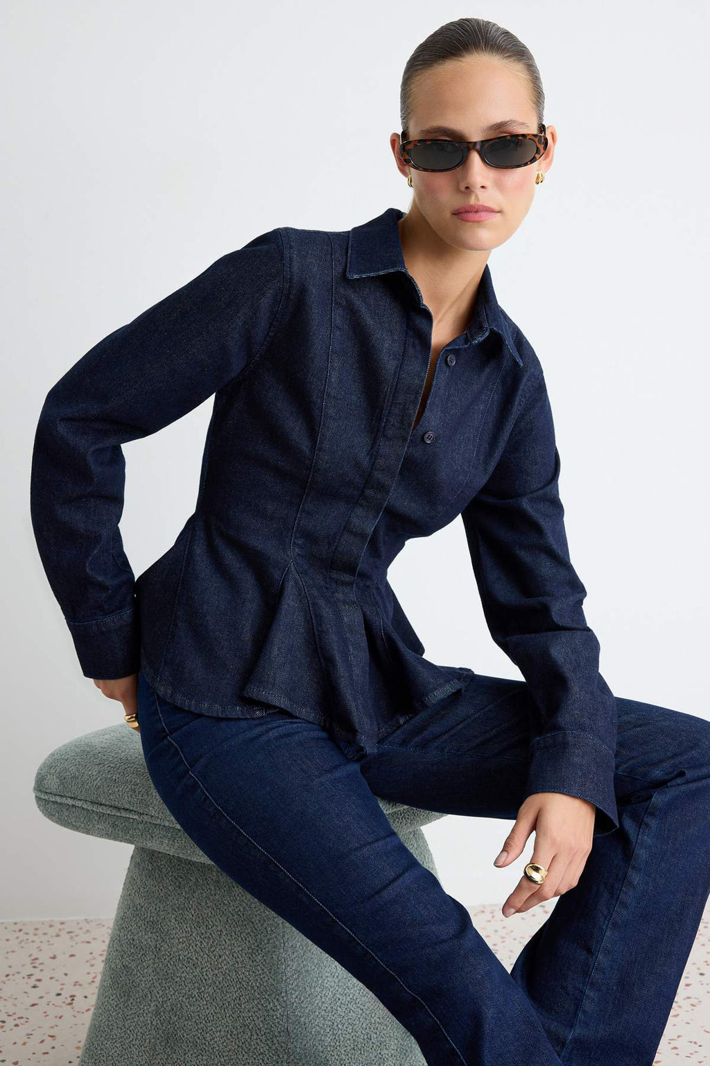 Shirt Collar Long Sleeve Peplum Fitted Shirt