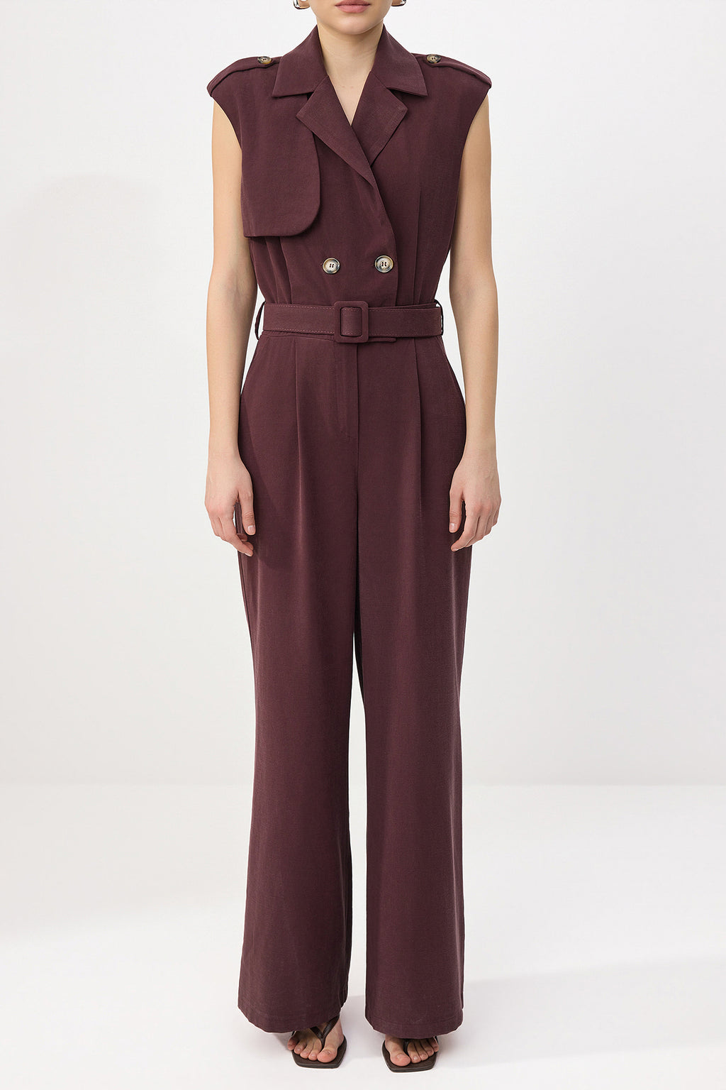 Belted Wide Leg Sleeveless Collar Jumpsuit