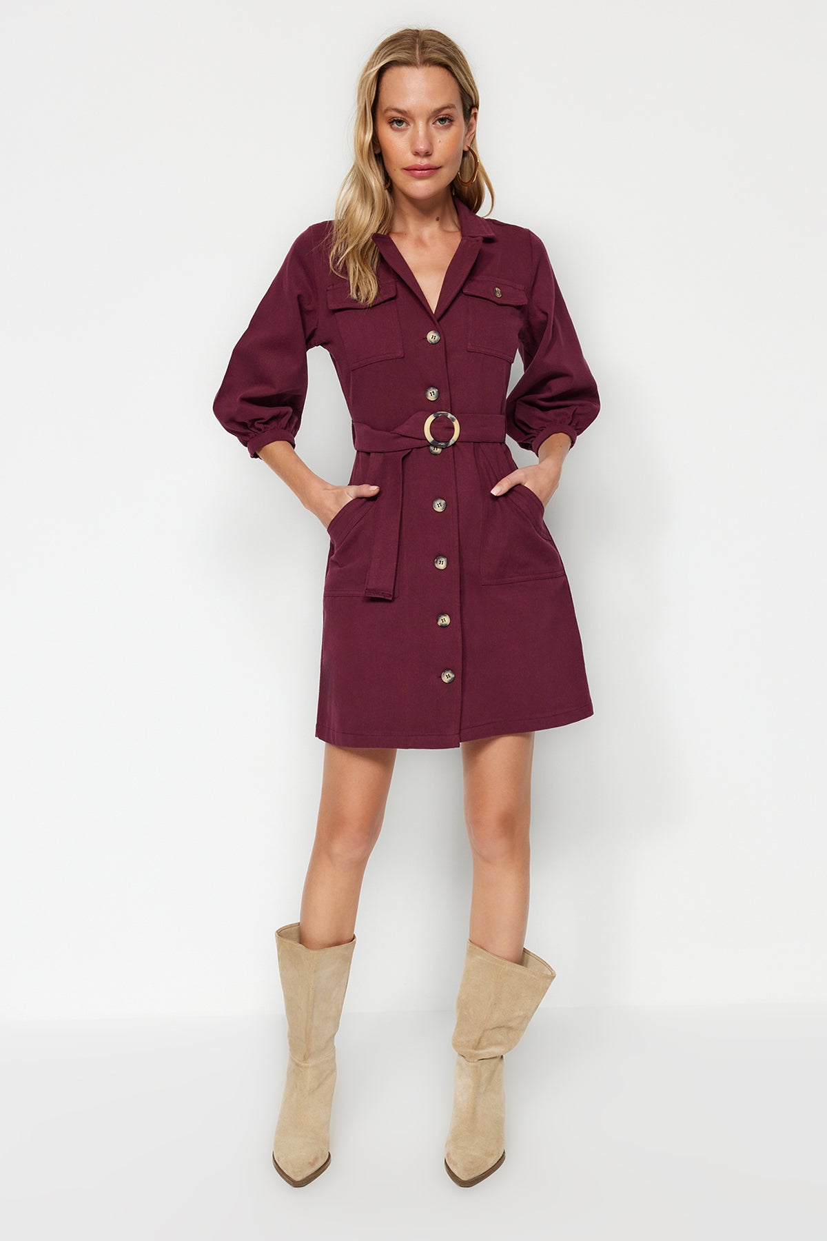 Belted Button Detail Long Sleeve Mini Shirt Dress