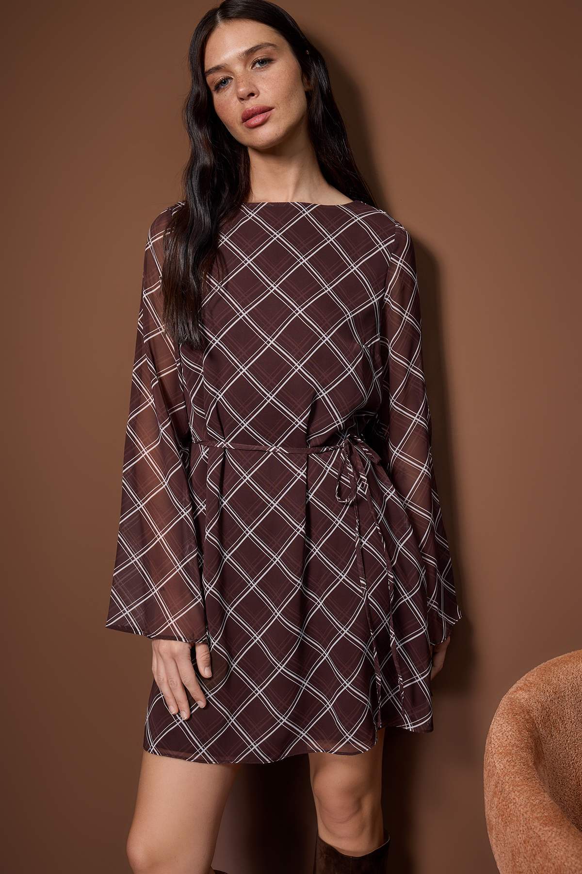 Round Neck Long Sleeve A-Line Mini Dress