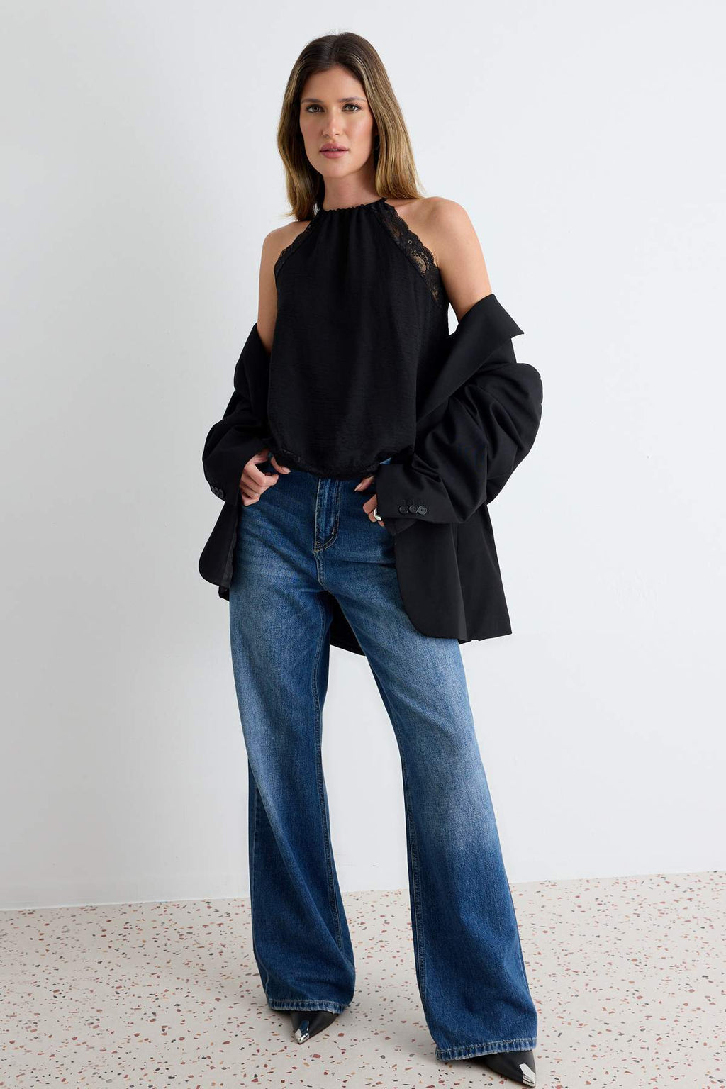 Lace Detail Halter Neck Sleeveless Woven Blouse