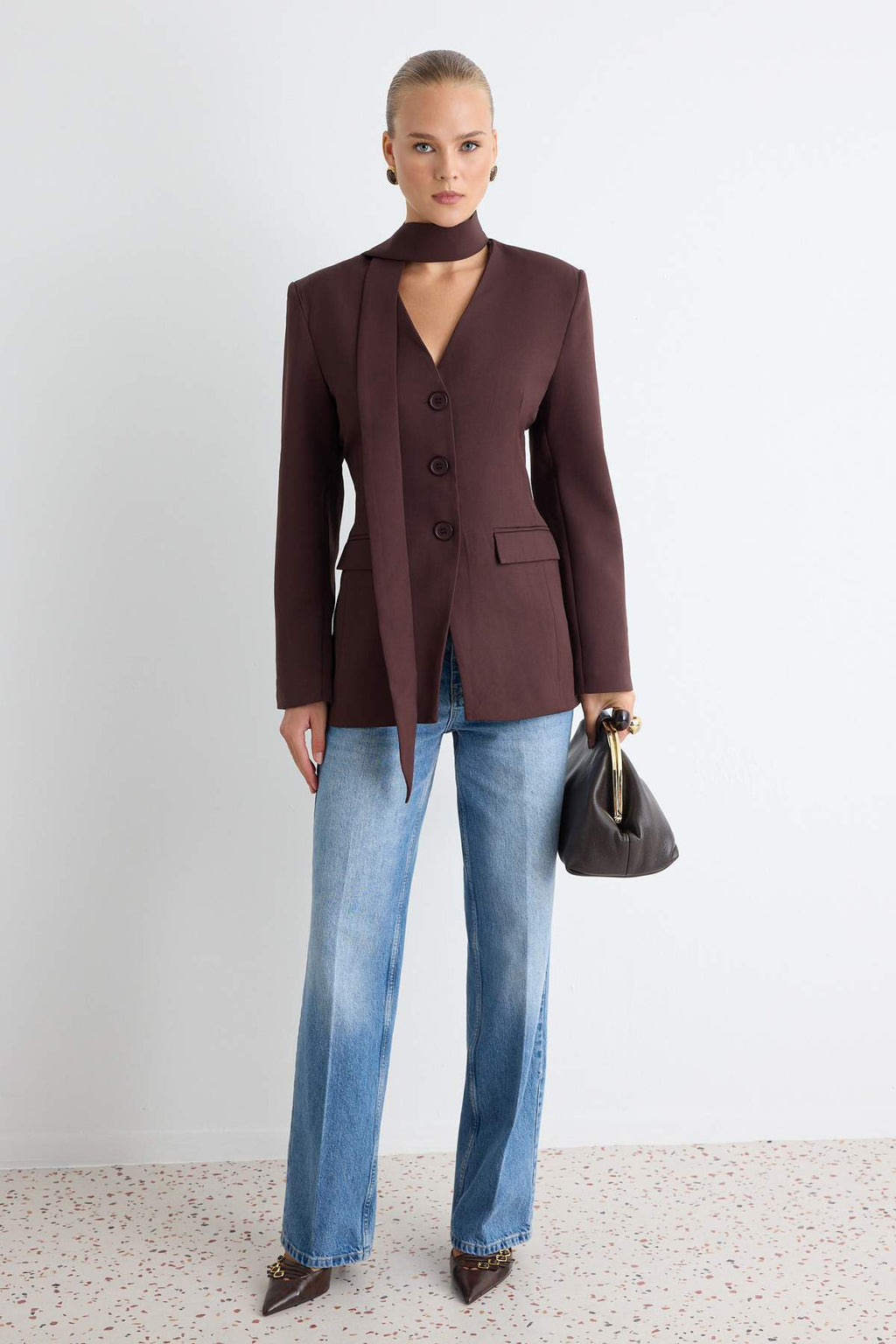 Fitted Scarf Neck Long Sleeve Blazer Jacket