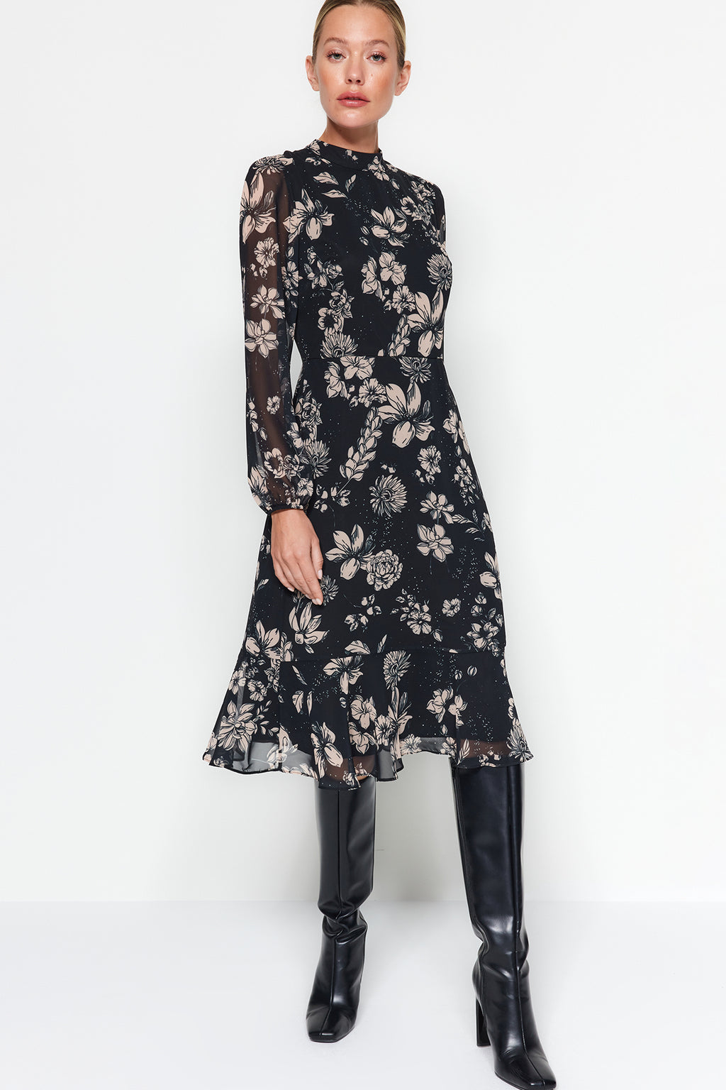 High Neck Long Sleeve Tiered Midi Dress
