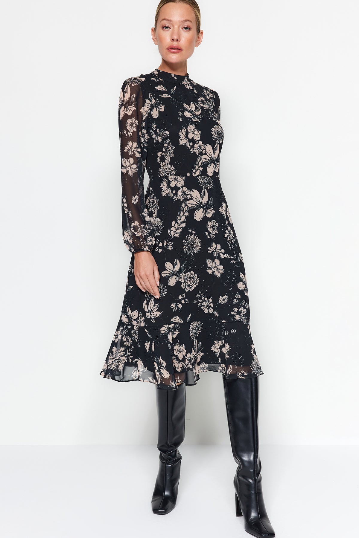 High Neck Long Sleeve Tiered Midi Dress