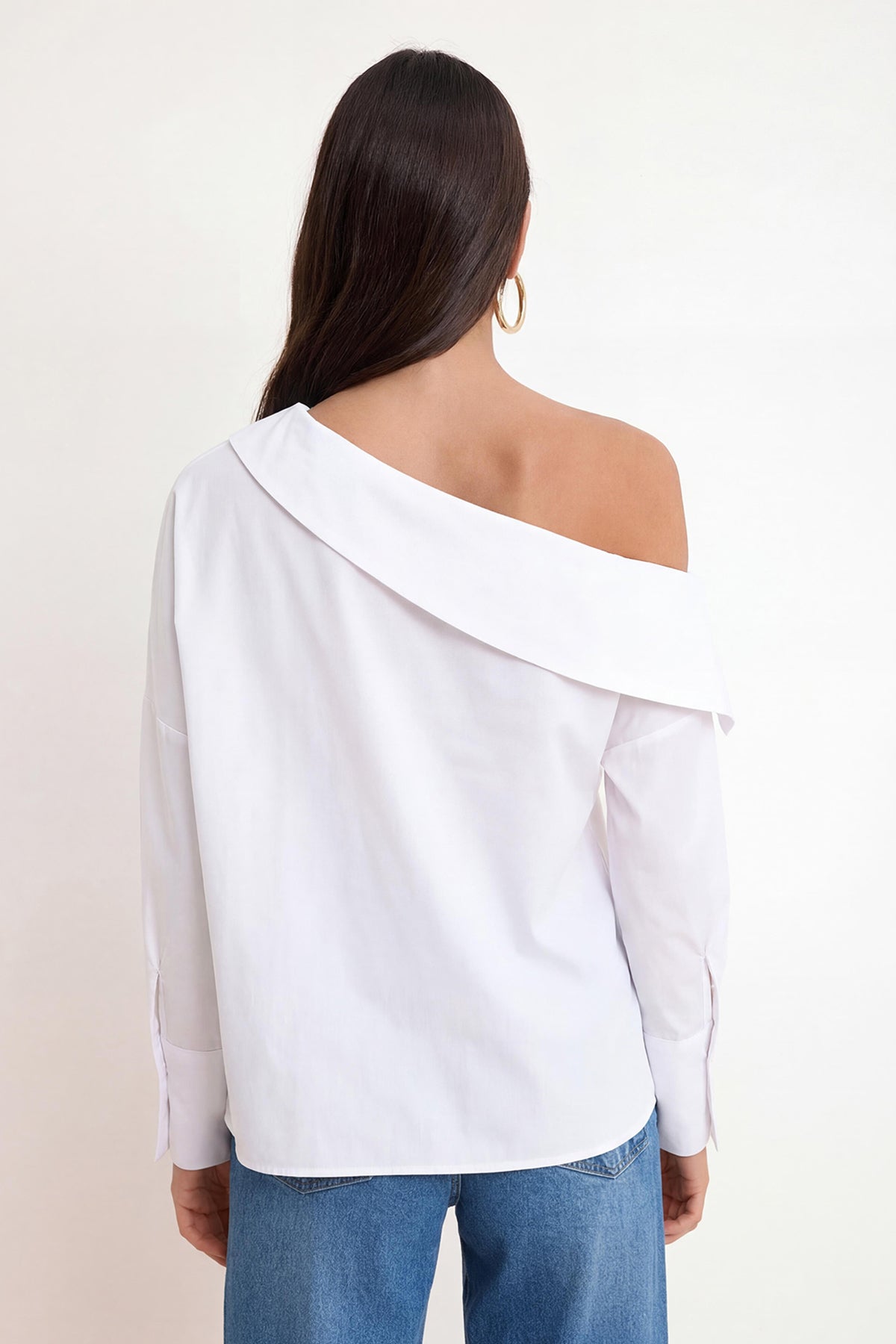 Asymmetric Neck Long Sleeve Woven Blouse