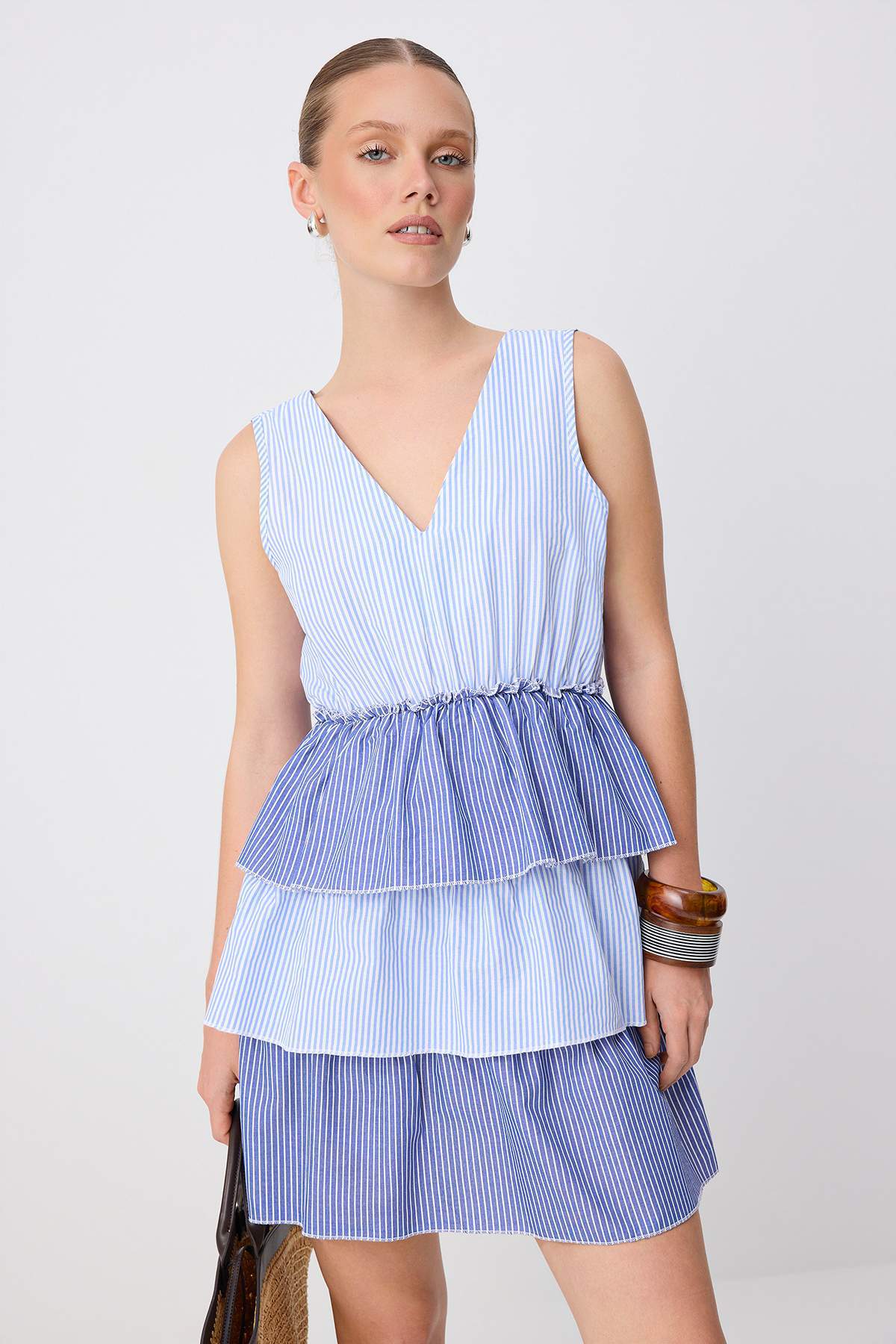 V Neck Thick Strap Tiered Skater Mini Dress