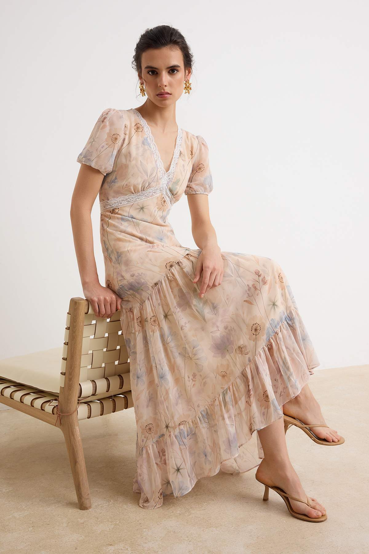 V Neck Balloon Sleeve Skater Maxi Dress