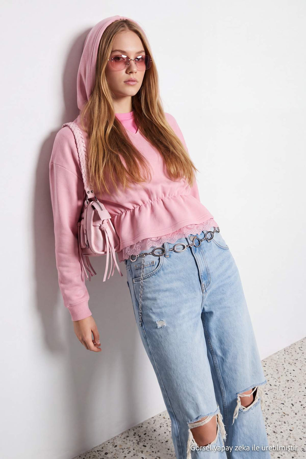 Peplum Lace Detail Hooded Long Sleeve Knit Sweatshirt