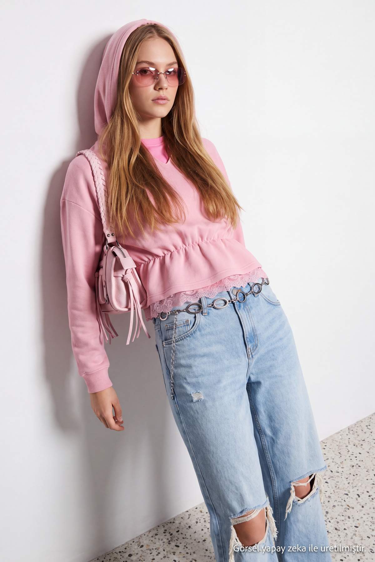 Peplum Lace Detail Hooded Long Sleeve Knit Sweatshirt