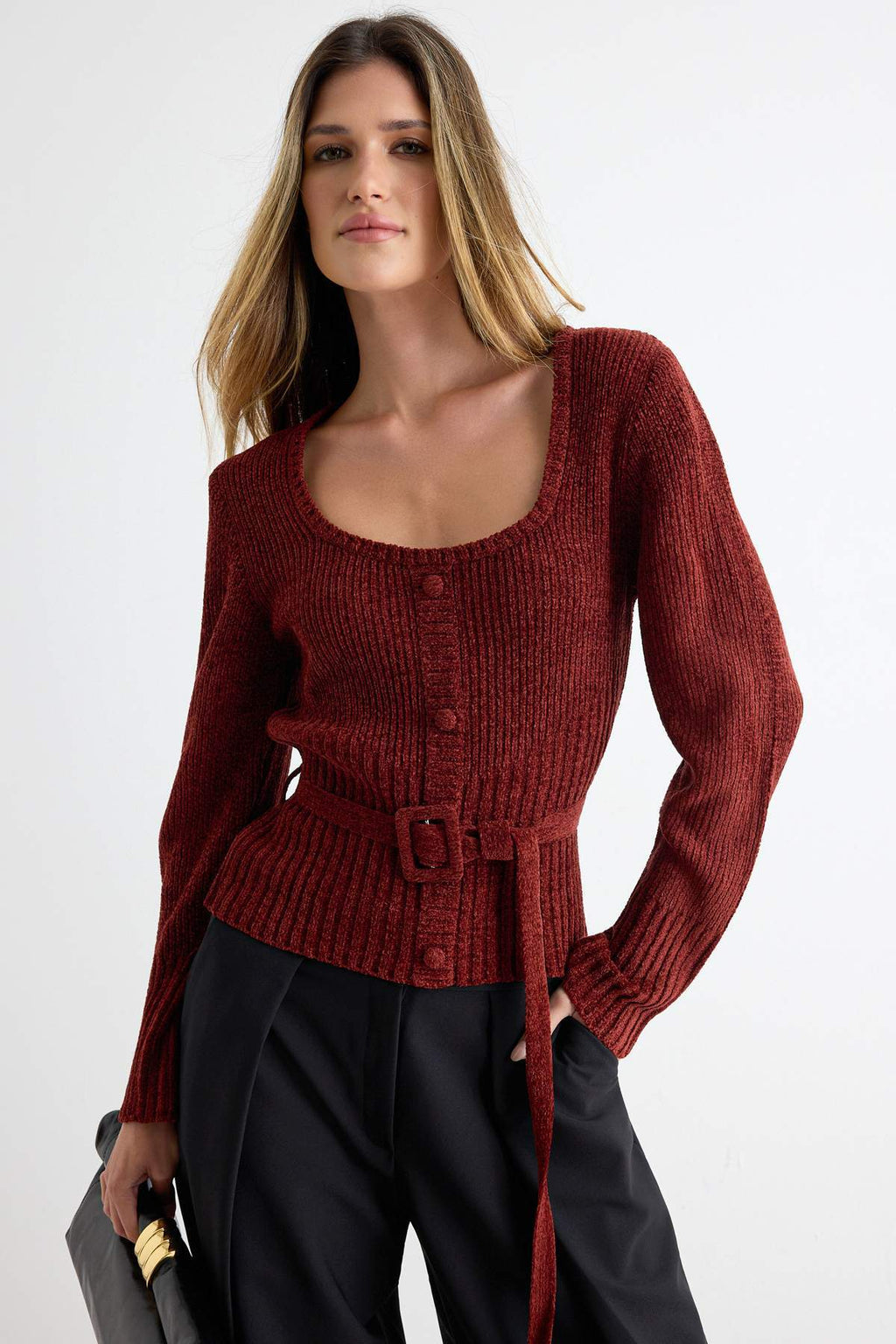 Chenille Long Sleeve Belted Knitted Sweater