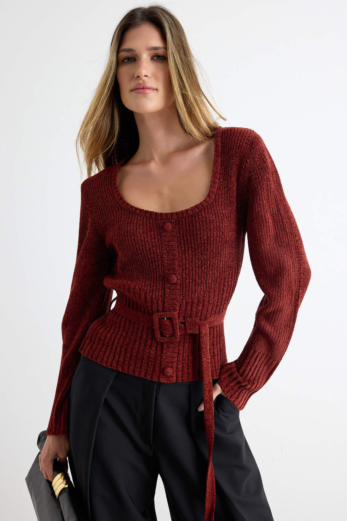 Chenille Long Sleeve Belted Knitted Sweater