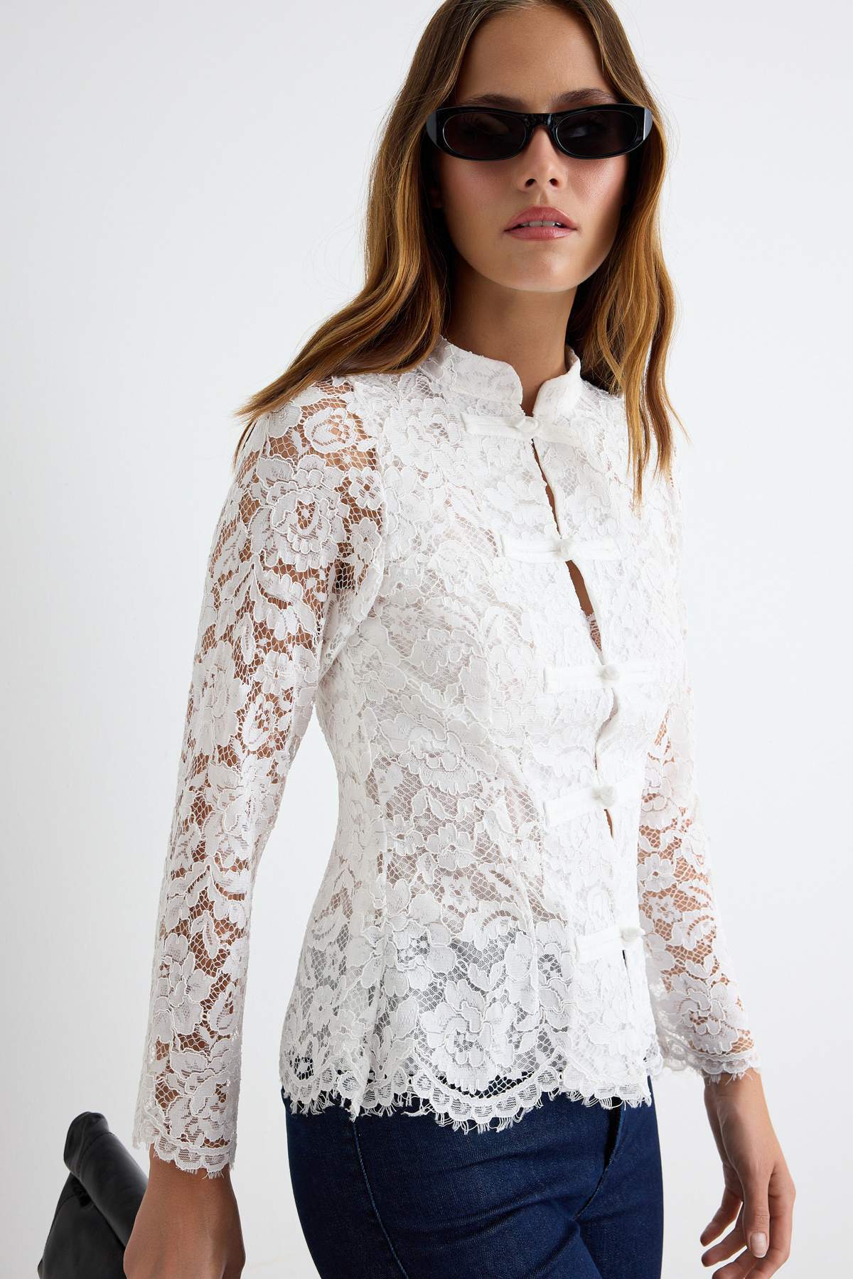 High Neck Long Sleeve Lace Blouse