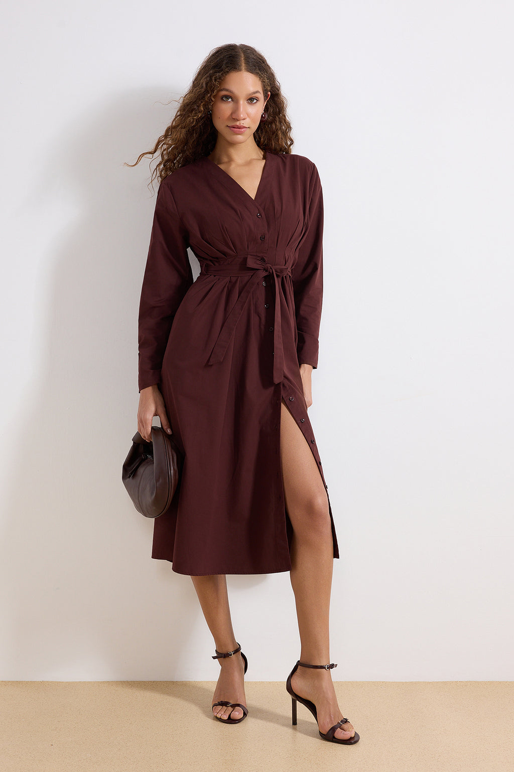 Belted Button Front Long Sleeve V Neck Midi Shirt Dress