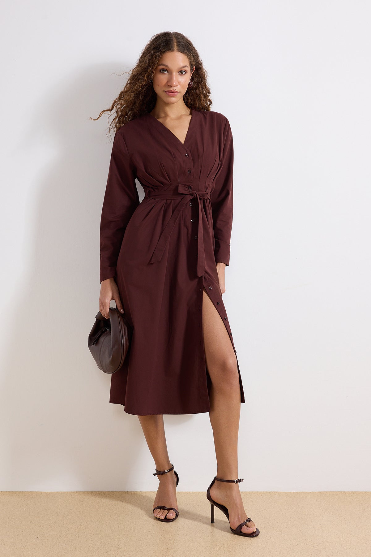 Belted Button Front Long Sleeve V Neck Midi Shirt Dress