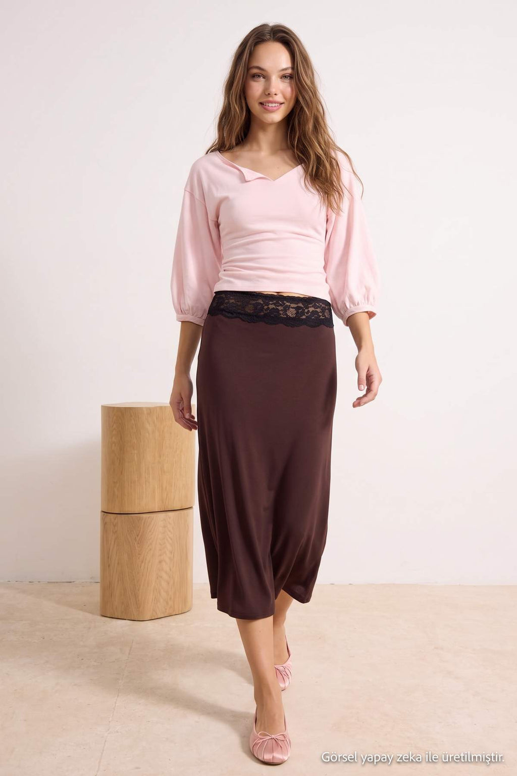 A-Line Lace Detail Midi Skirt