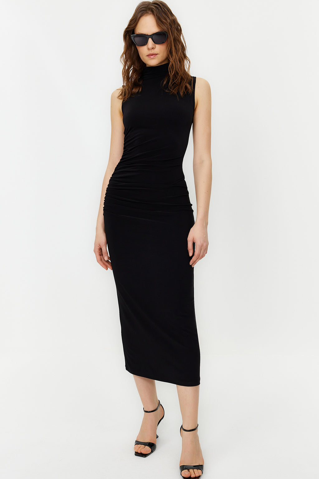 High Neck Sleeveless Draped Bodycon Maxi Dress