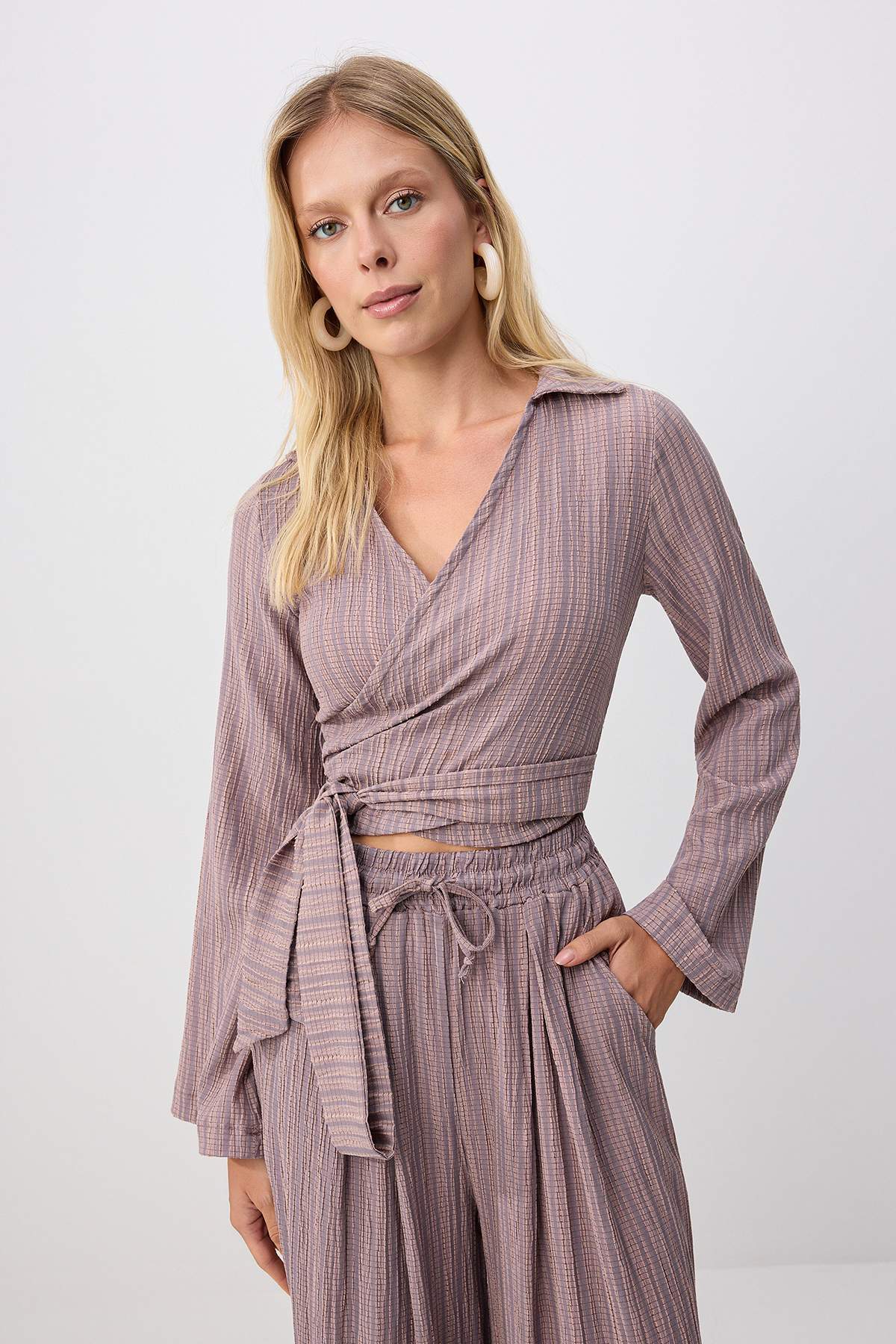 2-Piece Crossover Blouse Relaxed Fit Trouser Co-ord Set