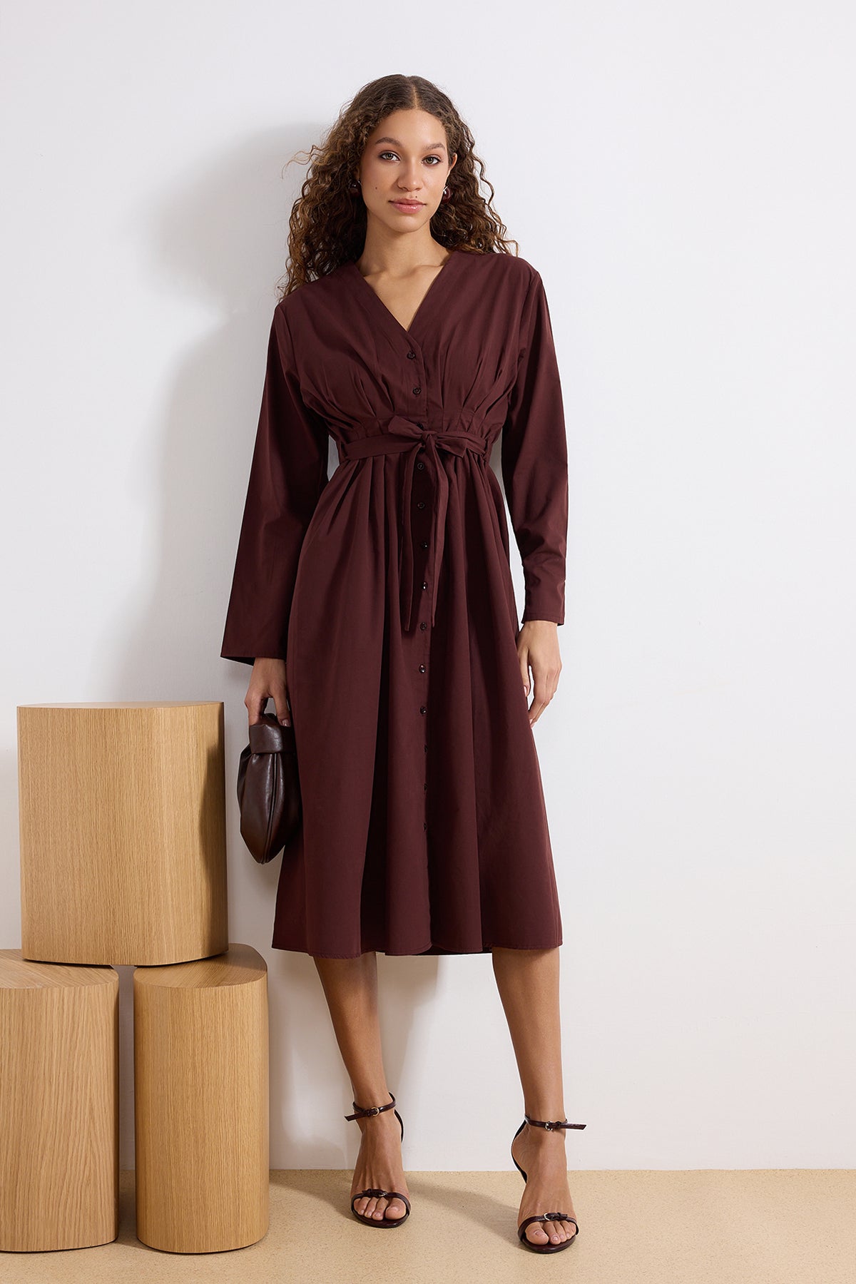 Belted Button Front Long Sleeve V Neck Midi Shirt Dress