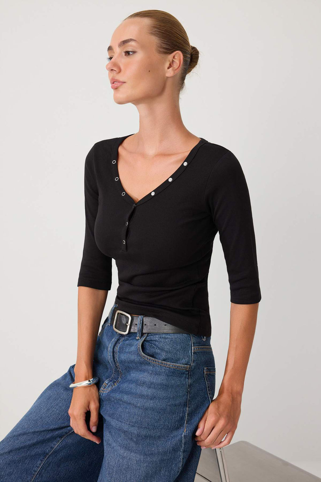 Fitted V Neck Button Front Ribbed Long Sleeve Blouse