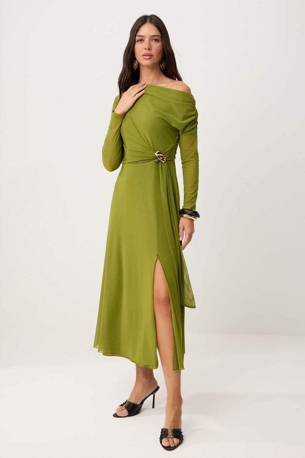 Asymmetric Neck Accessory Detail Tulle Overlay Long Sleeve Maxi Dress