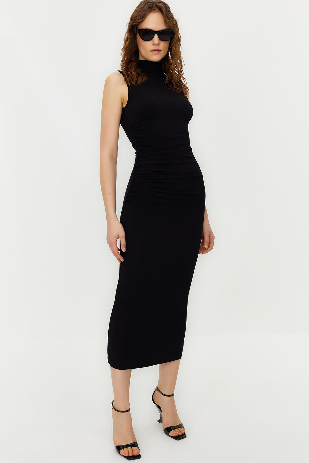High Neck Sleeveless Draped Bodycon Maxi Dress