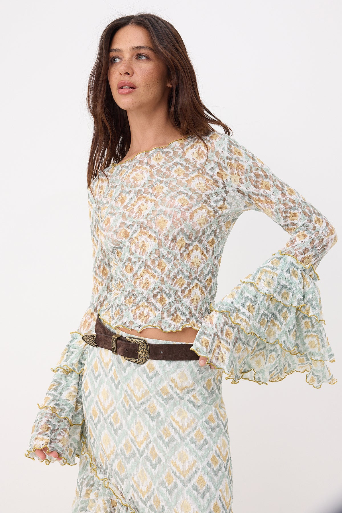 Fitted Crop Ruffle Sleeve Lace Blouse