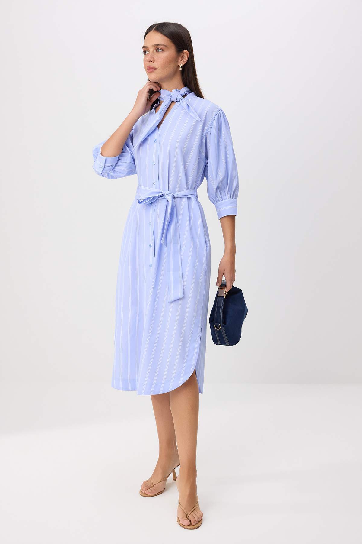 Fular Neck Balloon Sleeve Maxi Shirt Dress
