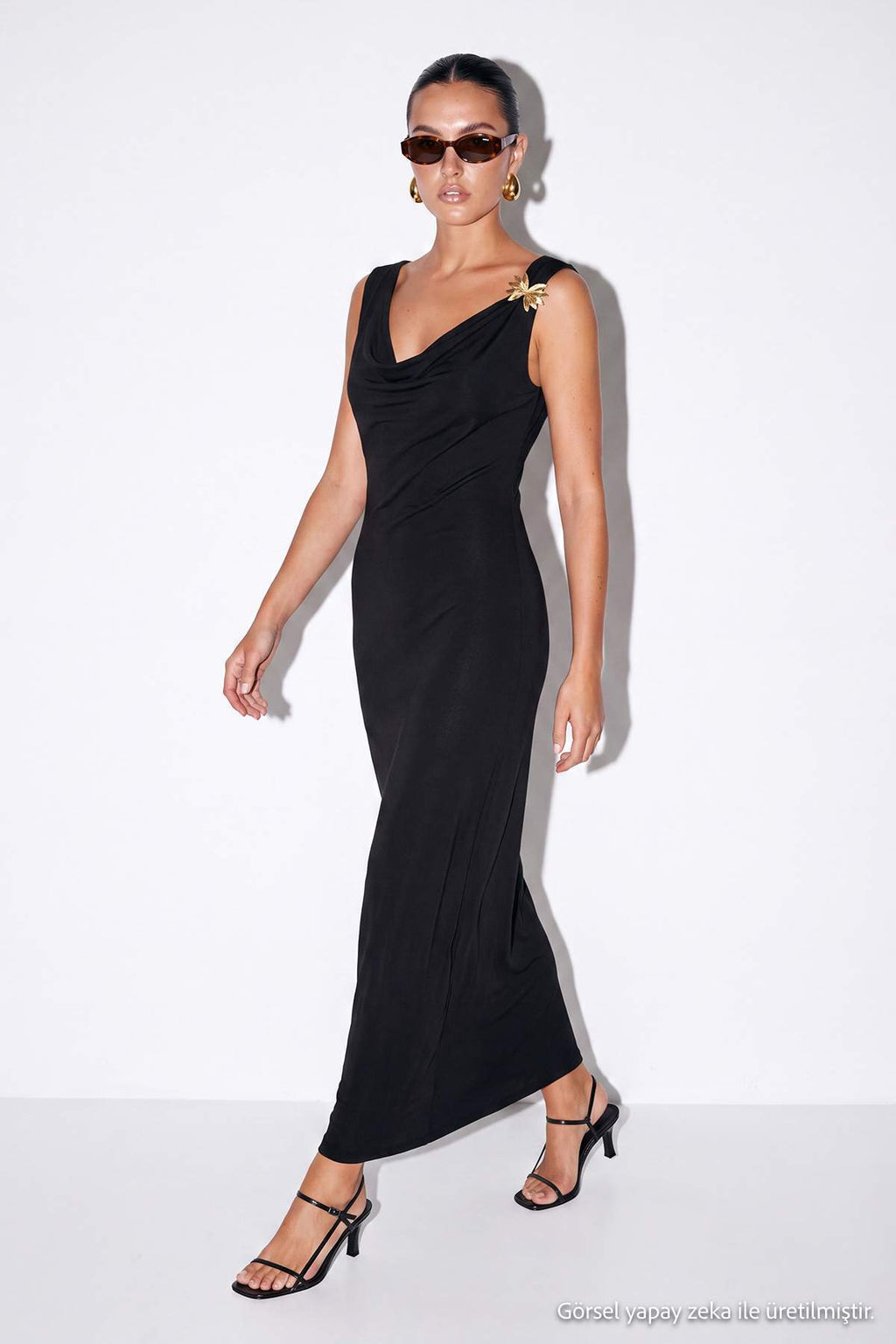 Degaje Neckline Shoulder Embellished Bodycon Midi Dress