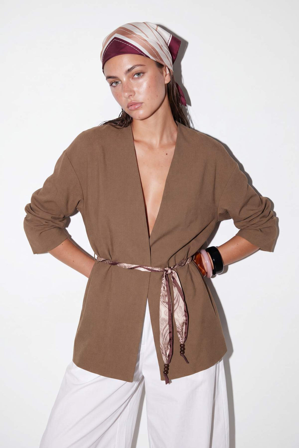 Collarless Belted Relaxed Fit Long Sleeve Jacket