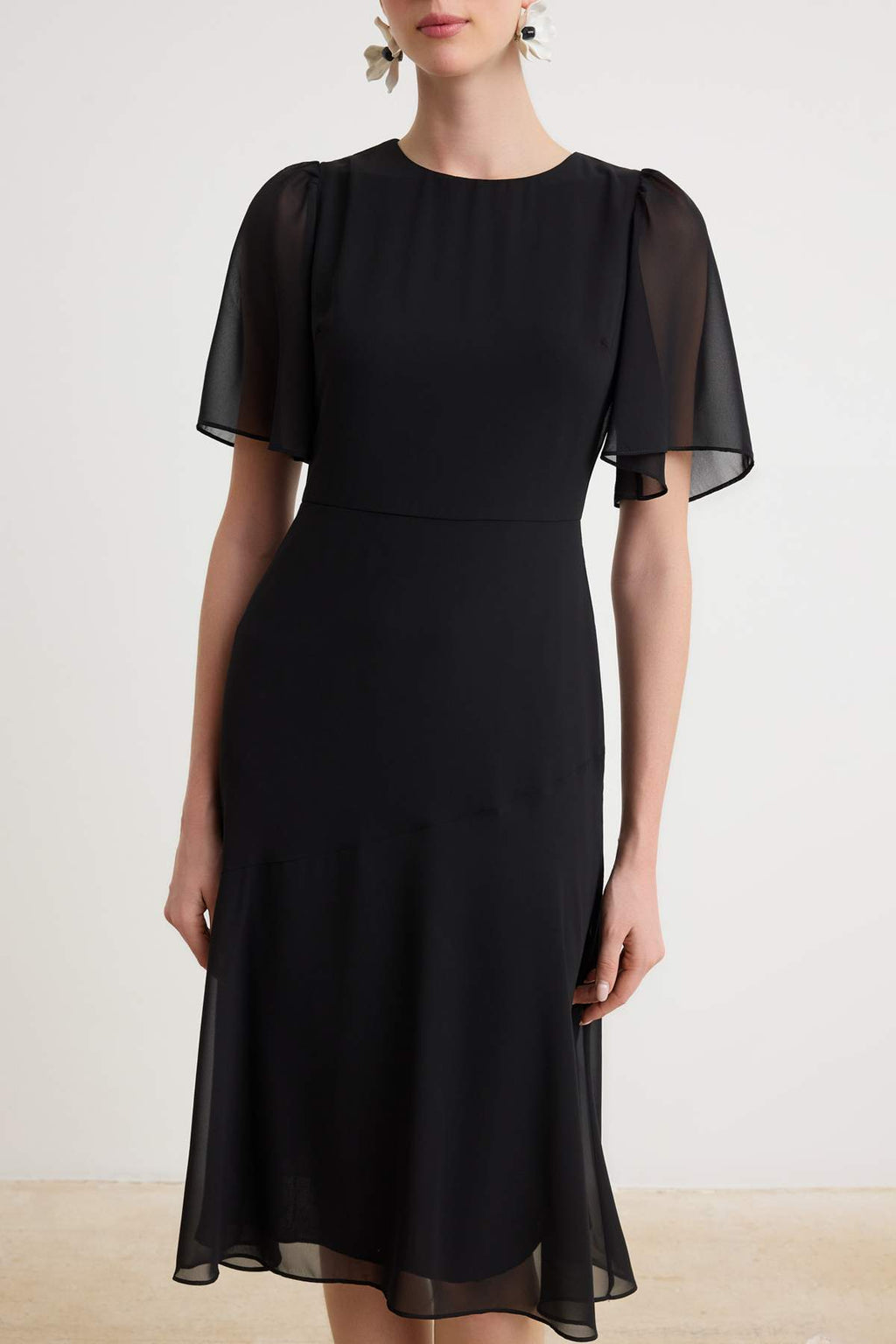 High Neck Angel Sleeve Tiered Midi Dress
