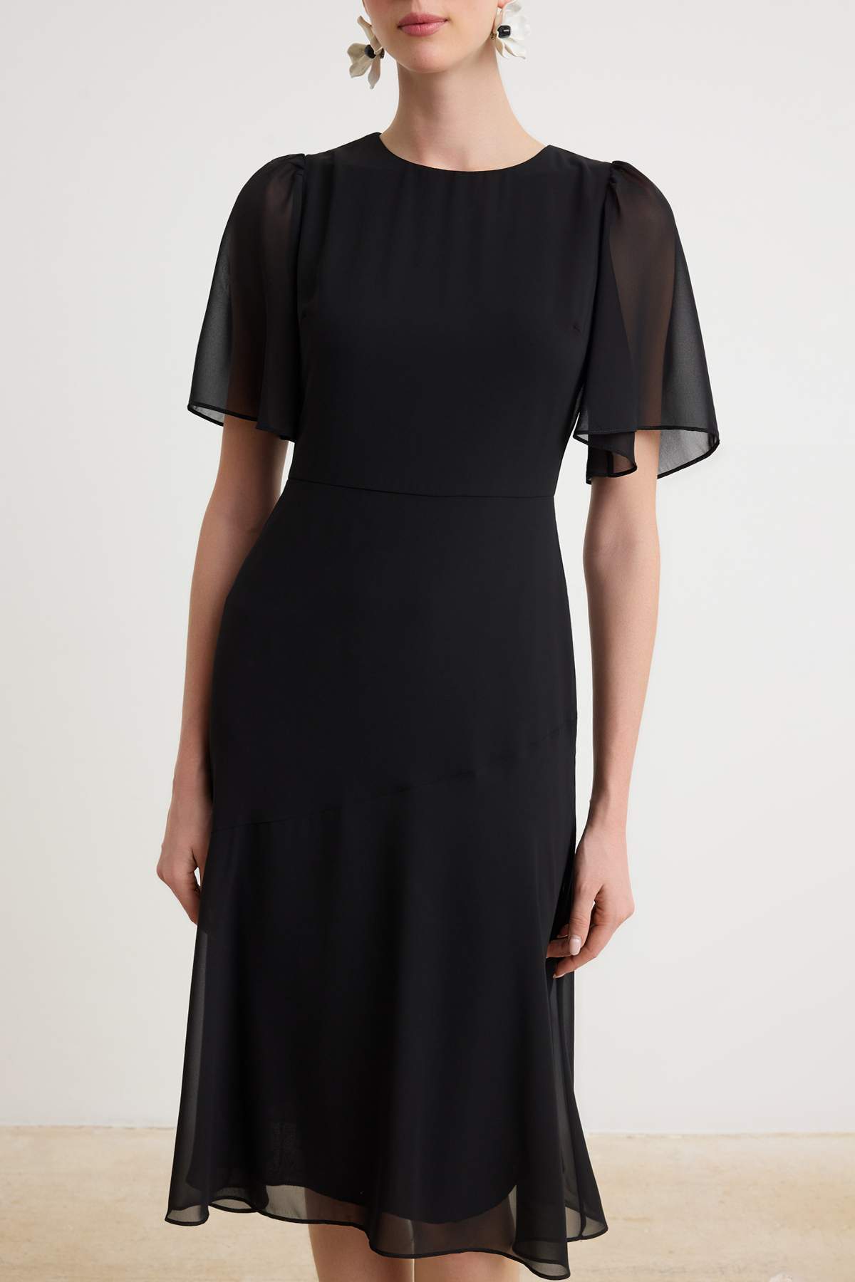 High Neck Angel Sleeve Tiered Midi Dress