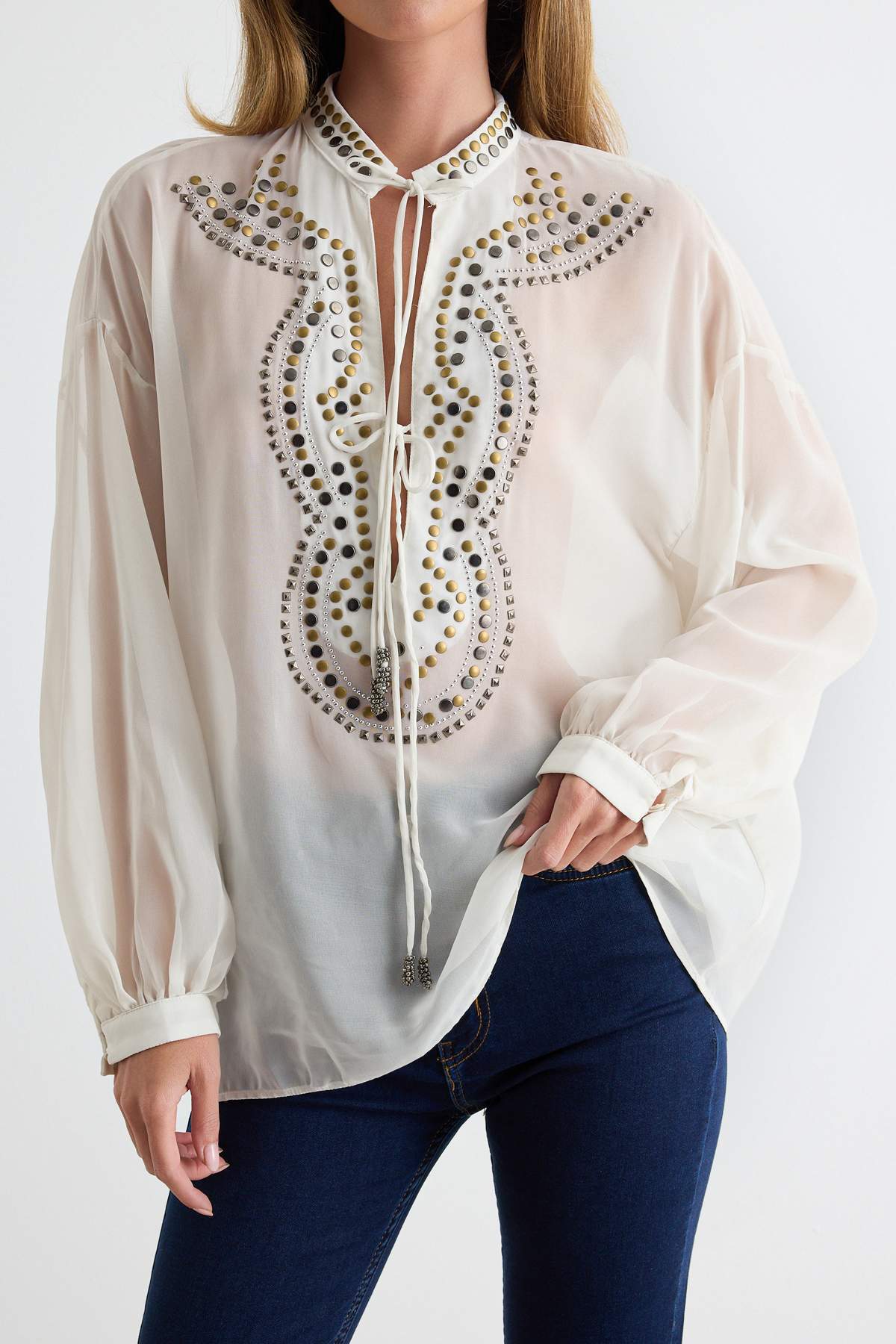 V Neck Drop Shoulder Embellished Crepe Blouse