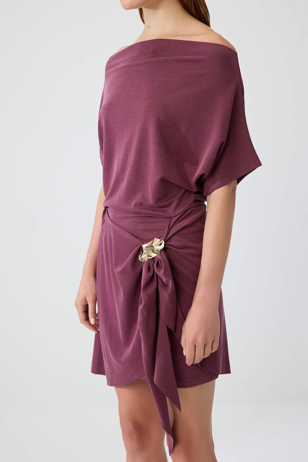 Premium Lyocell Boat Neck Drop Shoulder A-Line Mini Dress