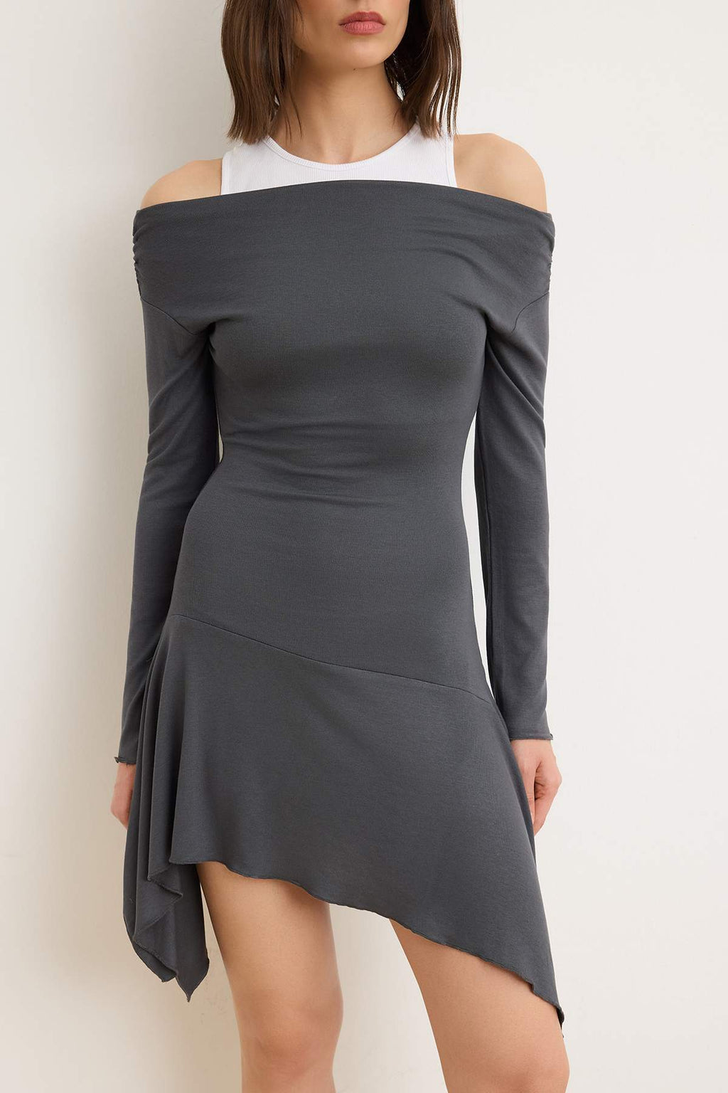 Regular Asymmetric Boat Neck Long Sleeve Mini Soft Touch Dress
