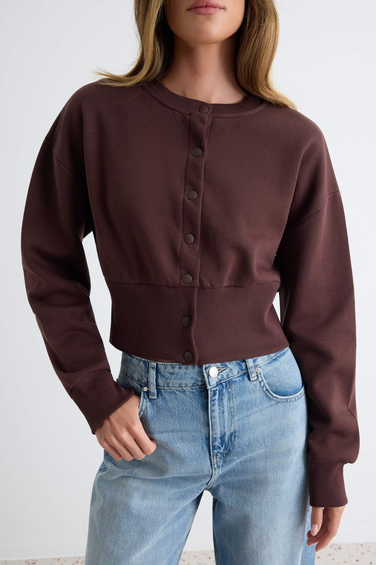 Snap Button Front Regular Fit Crop Cardigan