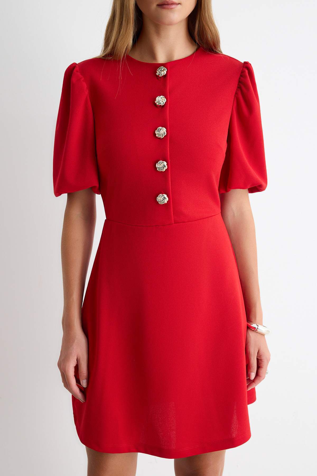 A-Line Balloon Sleeve Button Front Mini Dress