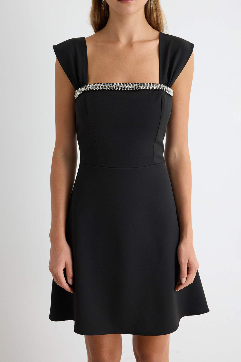 Square Neck Stone Embellished Short Sleeve A-Line Mini Dress