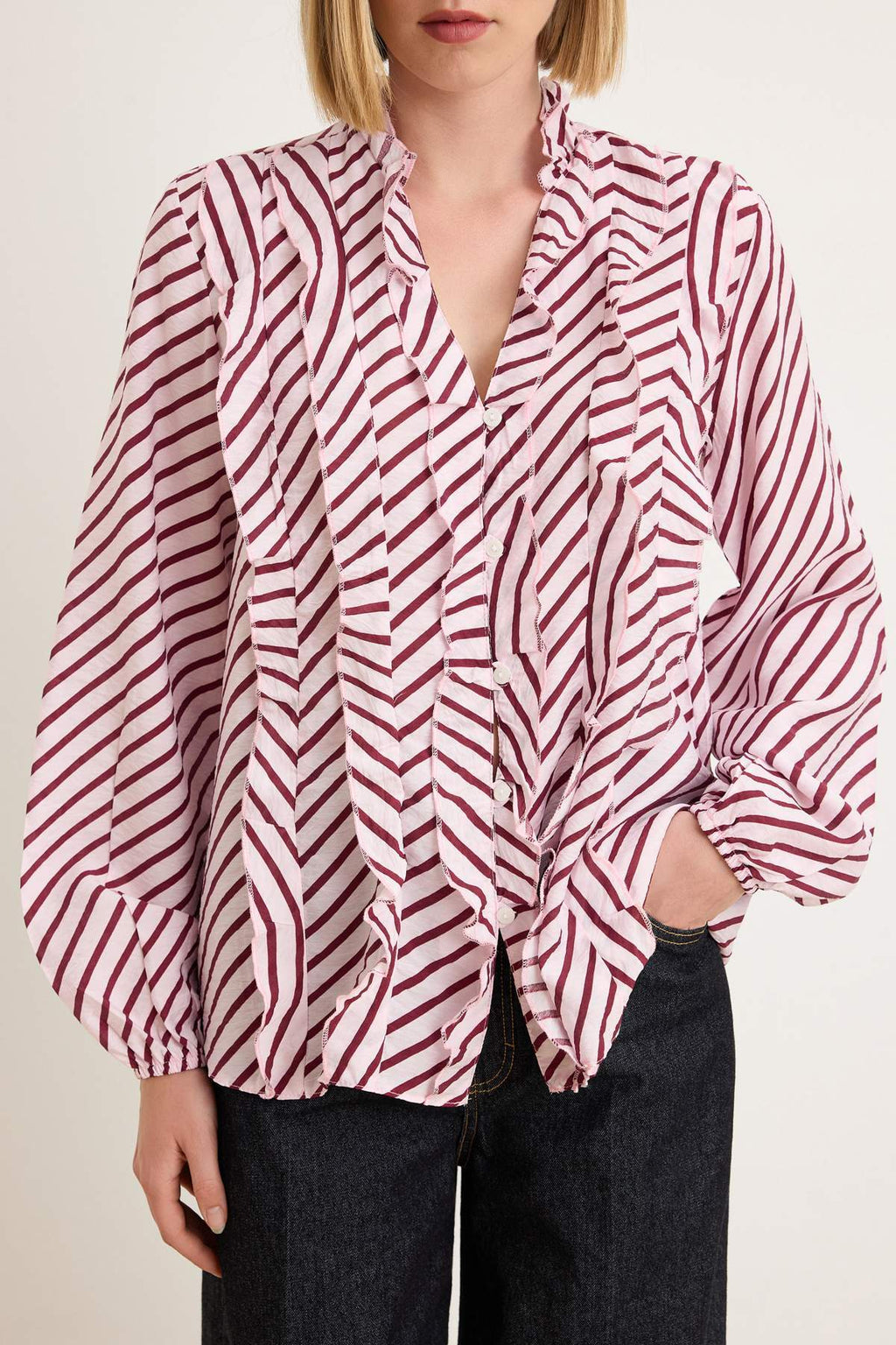 V Neck Long Sleeve Frill Detail Woven Shirt