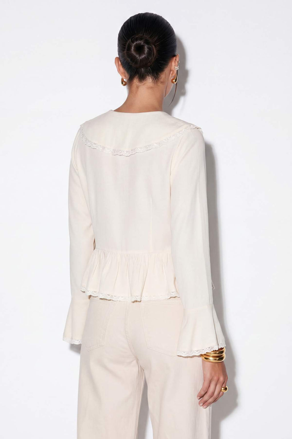 V Neck Long Sleeve Tie Front Lace Detail Blouse