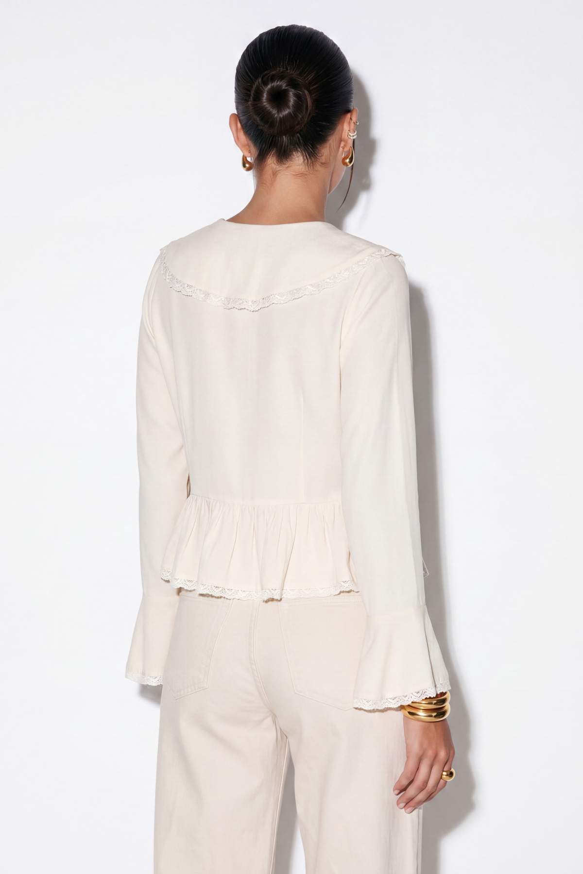 V Neck Long Sleeve Tie Front Lace Detail Blouse