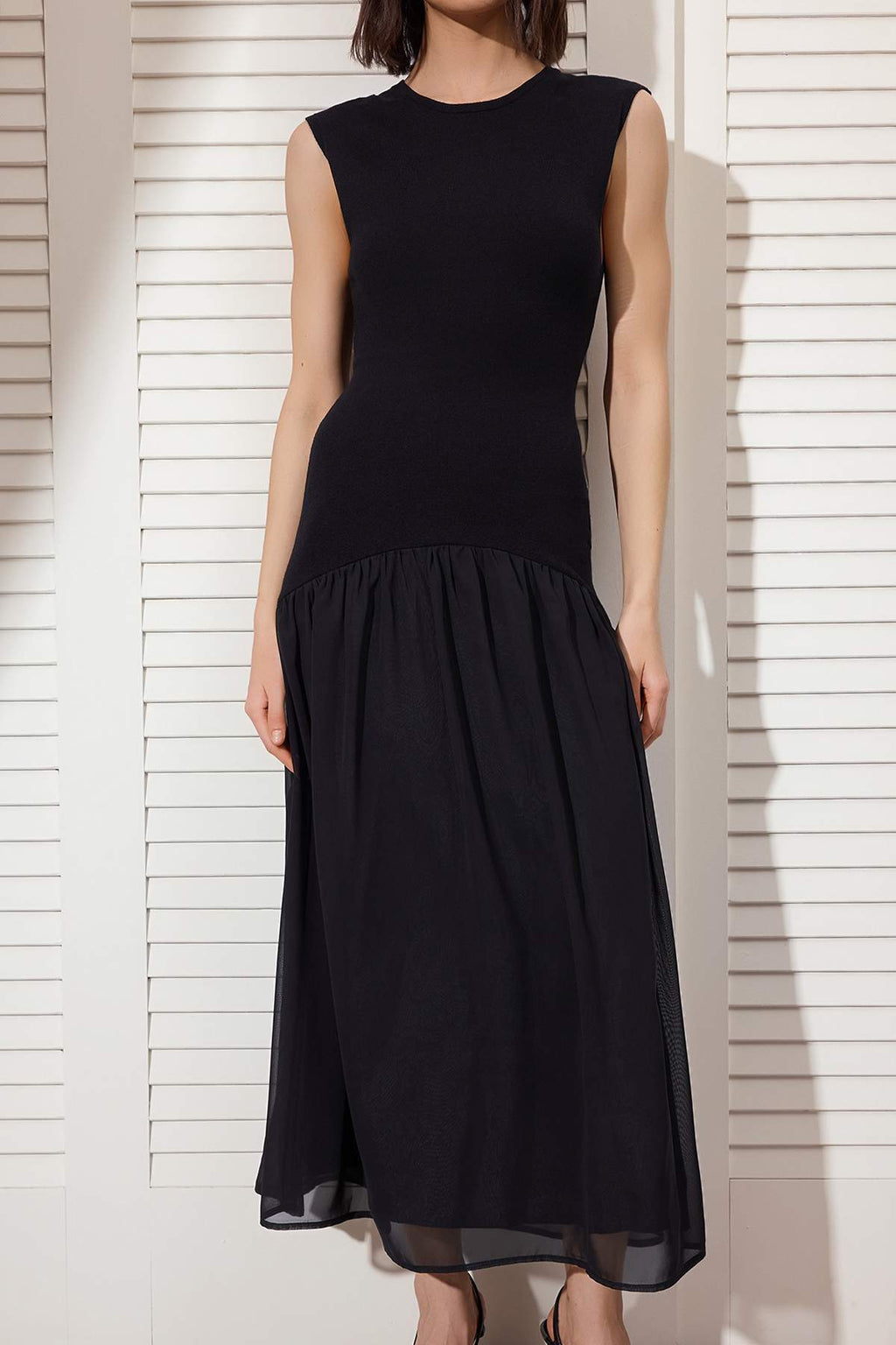 Premium Knit Midi Dress with Woven Skirt Detail