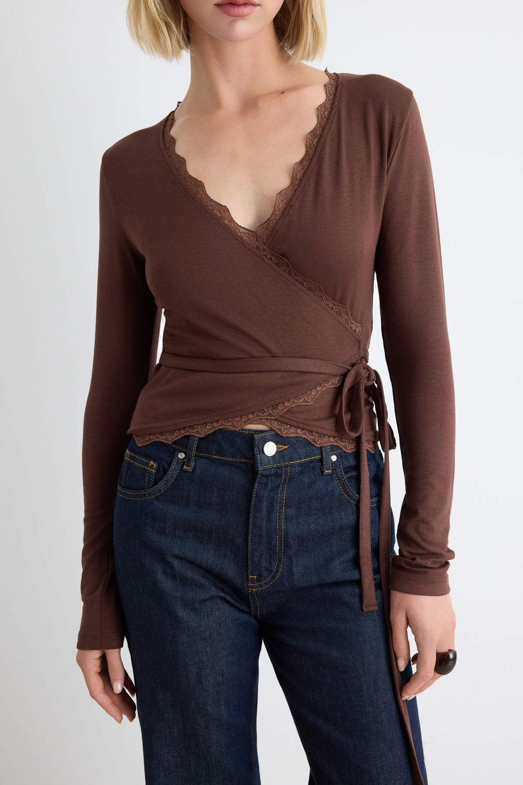 Fitted Wrap Neckline Long Sleeve Lace Detail Crop Blouse