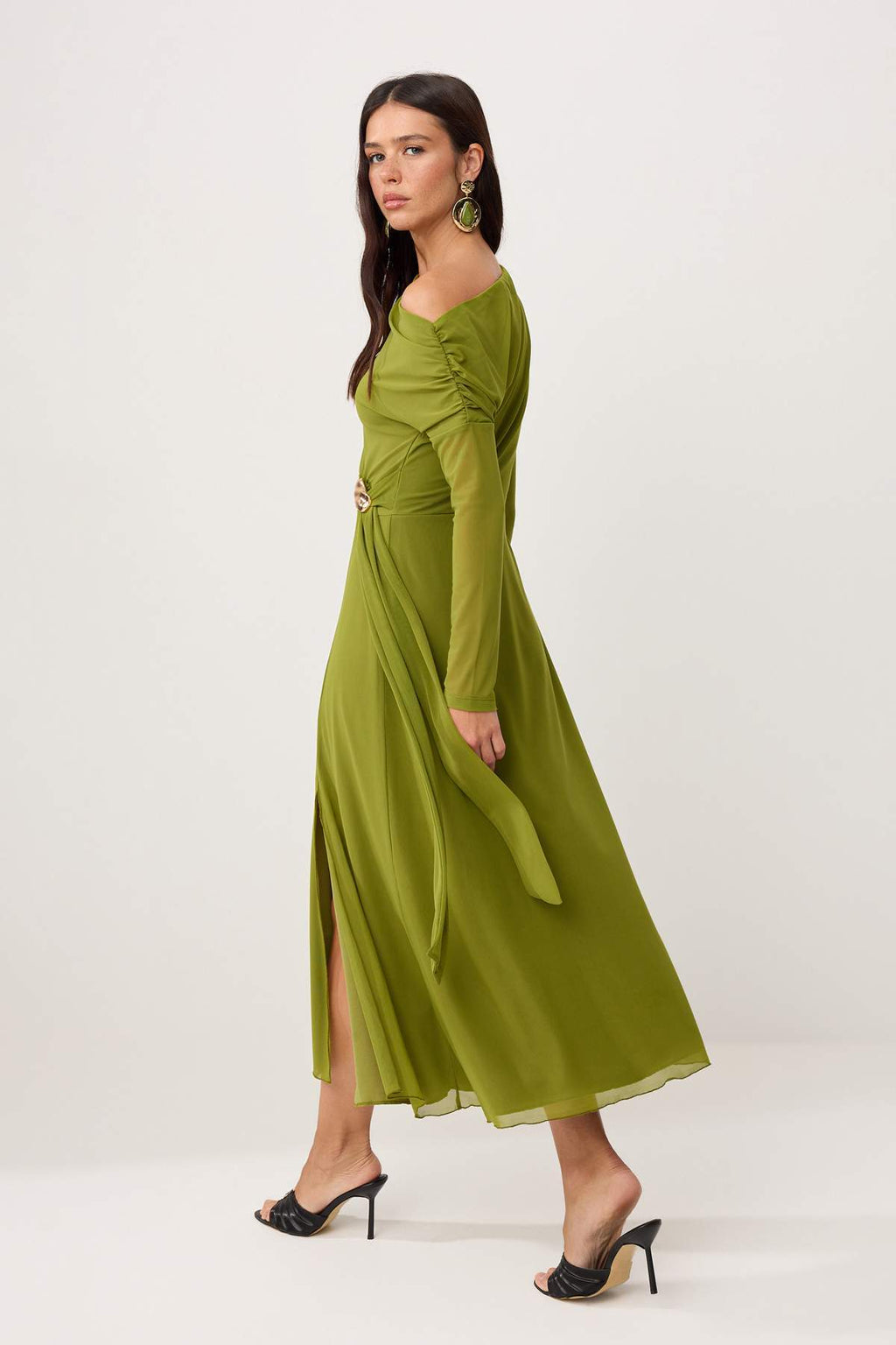 Asymmetric Neck Accessory Detail Tulle Overlay Long Sleeve Maxi Dress