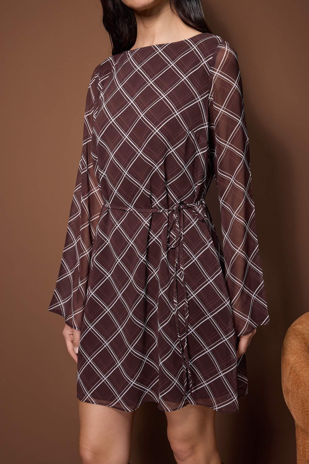 Round Neck Long Sleeve A-Line Mini Dress