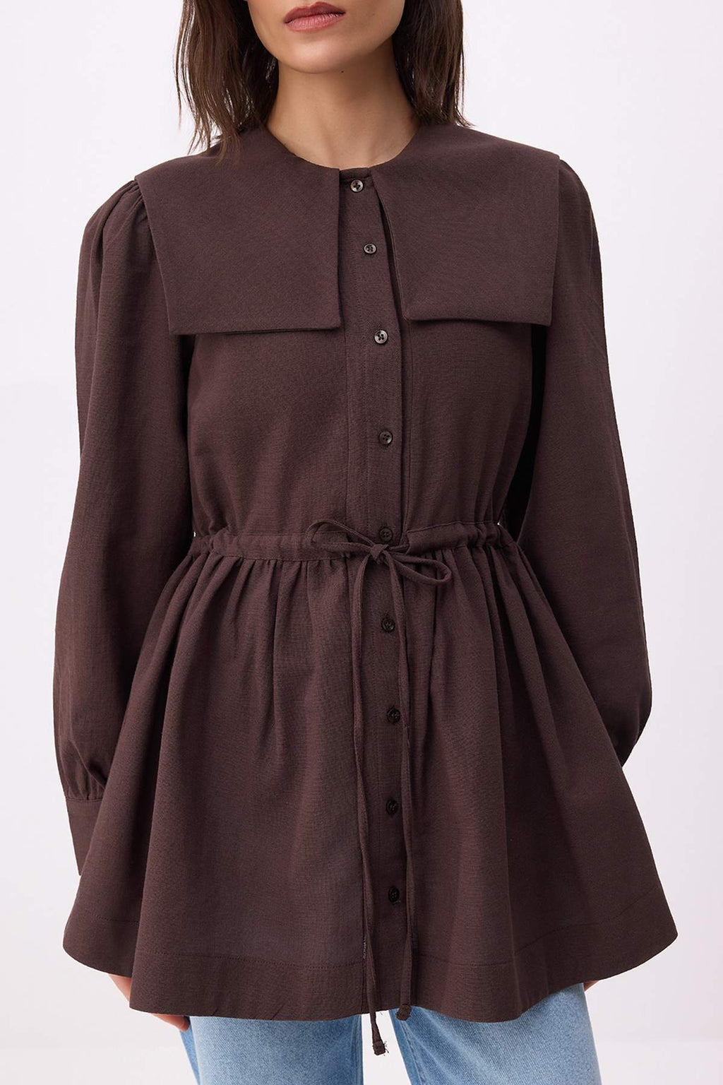 Bebe Collar Long Sleeve Belted Oversize Shirt